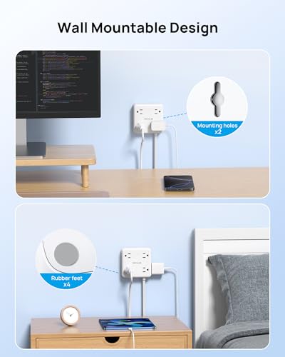 TROND 360° Rotating Plug Power Strip, 5FT Flat Extension Cord with Multiple Outlets 4 USB (2 USB C), Wall Mount Surge Protector 1440 Joules for Home Office Travel Dorm Room Essentials, White - Image 5