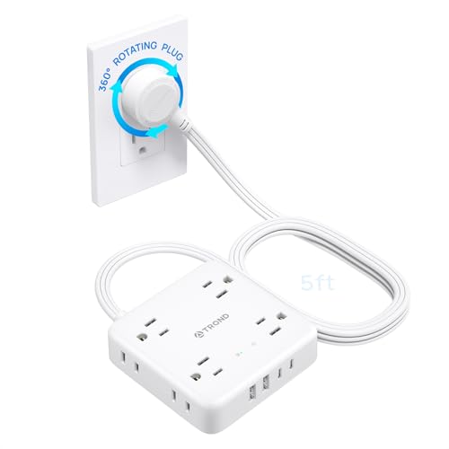 TROND 360° Rotating Plug Power Strip, 5FT Flat Extension Cord with Multiple Outlets 4 USB (2 USB C), Wall Mount Surge Protector 1440 Joules for Home Office Travel Dorm Room Essentials, White - Image 1