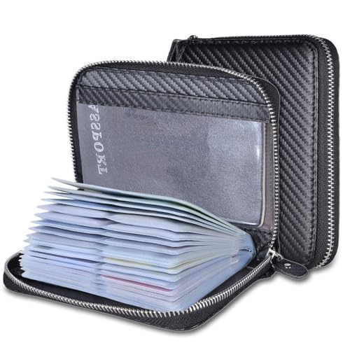 YUHAN PRETTY Credit Card Holder Wallet Large Leather Passport Case 42 Card Slots (Carbon Fiber Leather - Black) - Image 1