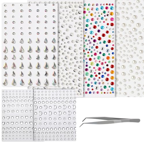 TecoKart® 6 Sheet Hair Stickers for Hair Decoration Face Gems Rhinestones Pearl Stickers Kit for Makeup with Tweezer Self-Adhesive Rhinestone Hair Accessories for Crafts, Nail Art, Clothes Making - Image 1