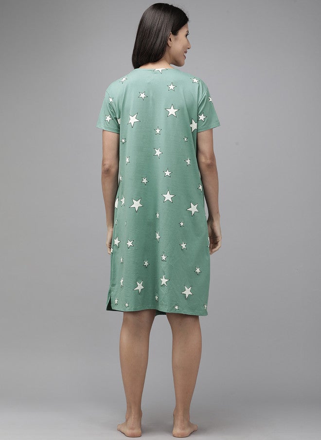 Zeyo Sea Green & White Printed Cotton Maternity & Feeding Nightdress - Image 4