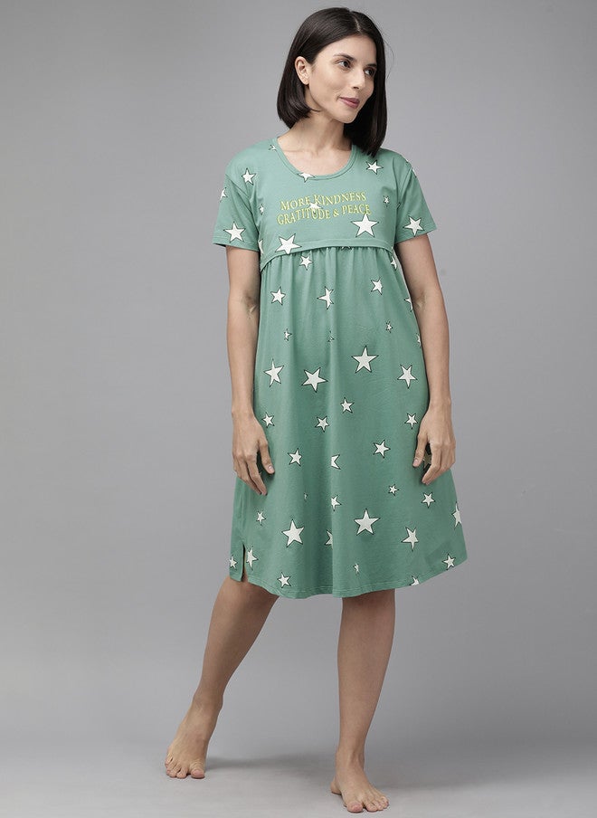 Zeyo Sea Green & White Printed Cotton Maternity & Feeding Nightdress - Image 1