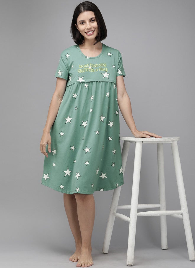 Zeyo Sea Green & White Printed Cotton Maternity & Feeding Nightdress - Image 5
