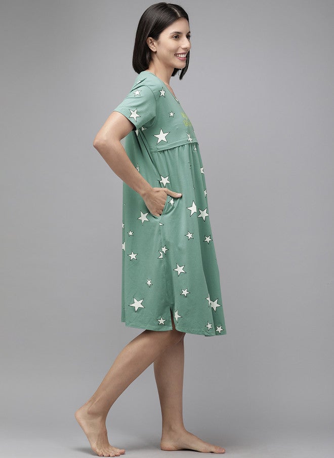 Zeyo Sea Green & White Printed Cotton Maternity & Feeding Nightdress - Image 3