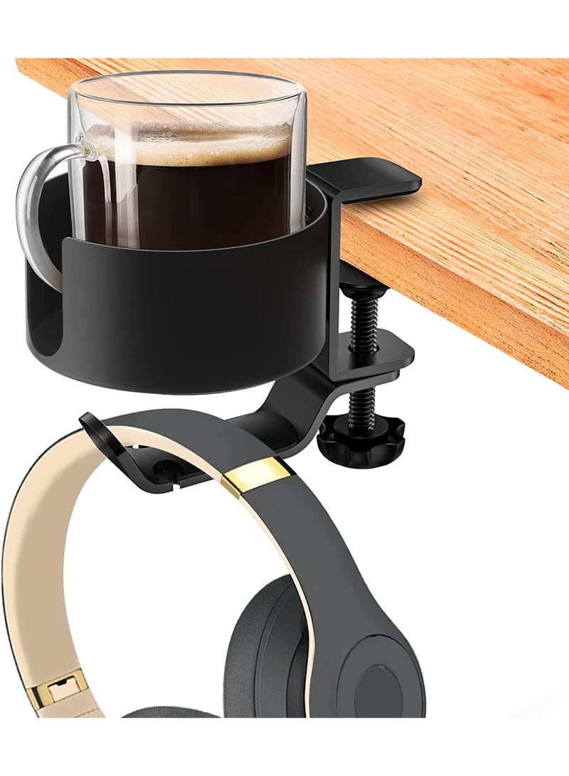 2 in 1 Desk Cup Holder with Headphone Hanger, Anti-Spill Cup Holder for Desk or Table, Easy to Install, Sturdy and Durable, Enough to Hold Coffee Mugs, Water Bottles, Headphones - Image 1