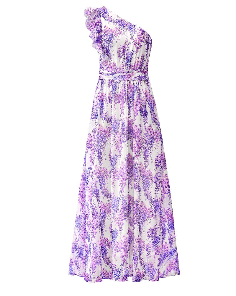 BTFBM Women Summer One Shoulder Floral Wedding Guest Dresses Sleeveless Smocked Ruffle Flowy Beach Vacation Maxi Dress(Floral Purple, Medium) - Image 1