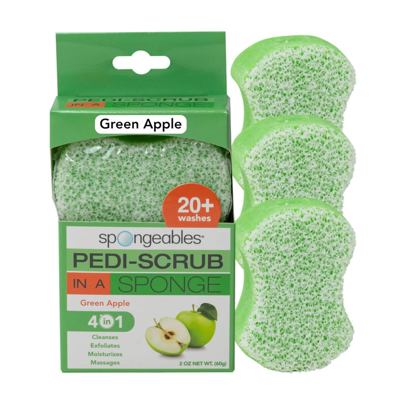Spongables Pedi Scrub Foot Exfoliating 20+ Wash Sponge, Green Apple, 3 Count