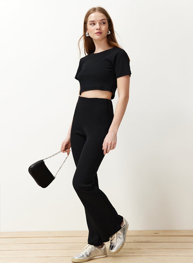 trendyol Black Crop Crew Neck Ribbed Stretchy Knitted Blouse and Pants Top and Bottom Set TWOSS21AU0160  - Image 1