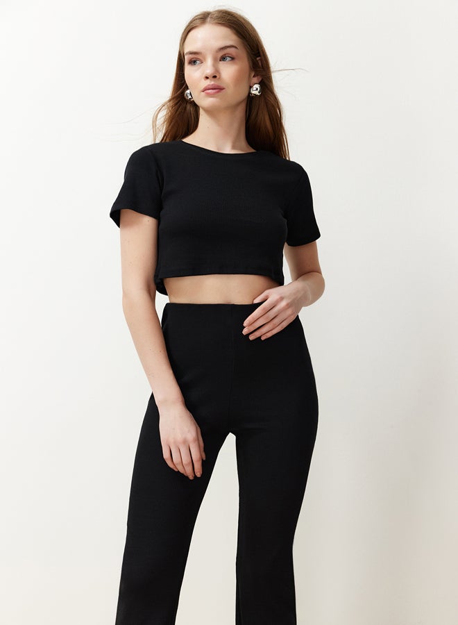 trendyol Black Crop Crew Neck Ribbed Stretchy Knitted Blouse and Pants Top and Bottom Set TWOSS21AU0160  - Image 3