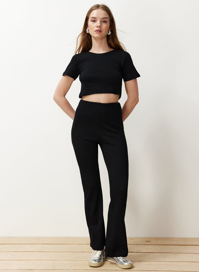 trendyol Black Crop Crew Neck Ribbed Stretchy Knitted Blouse and Pants Top and Bottom Set TWOSS21AU0160  - Image 2