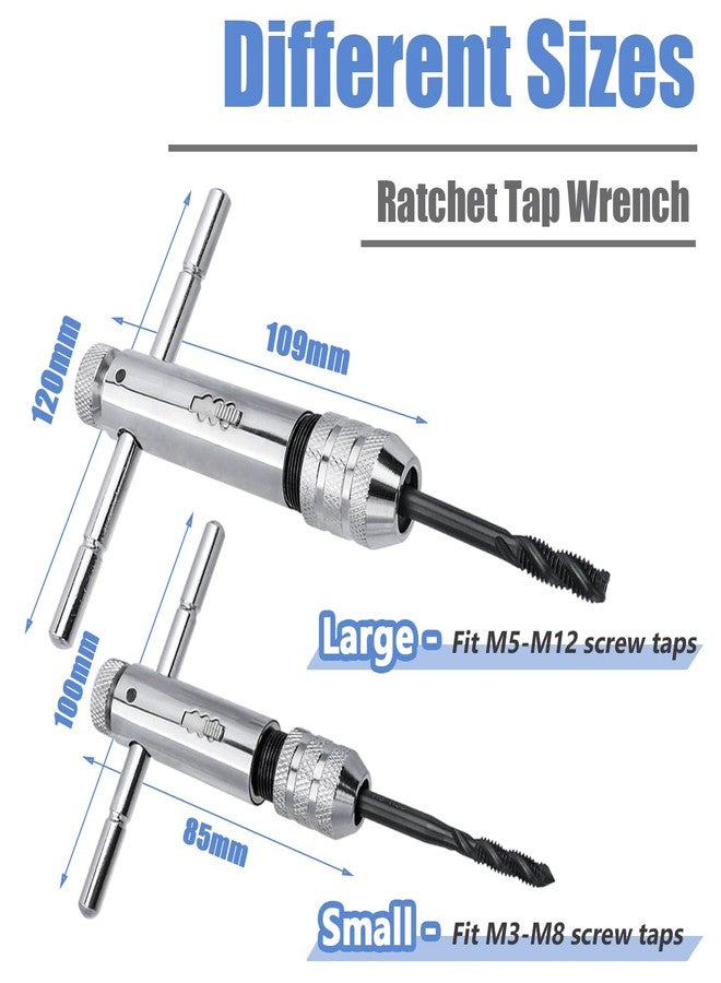 Mesee 2 Pieces T-Handle Ratchet Tap Wrench Set, Adjustable Ratcheting T Handle Tapping Holder Wrench Reversible Reamer Hand Threading Tap Wrenches Tool Fits M3-M8/ M5-M12 Metric Screw Taps - Image 3