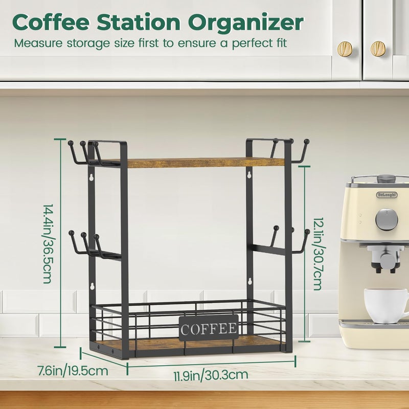 EsLuker.ly Coffee Bar Station Organizer Mug Cup Holder Stand for Countertop, Multi-Functional 2 Tier Mug Tree Rack for Kitchen, Storage Shelf with 12 Hooks, Vintage Brown-Black - Image 2