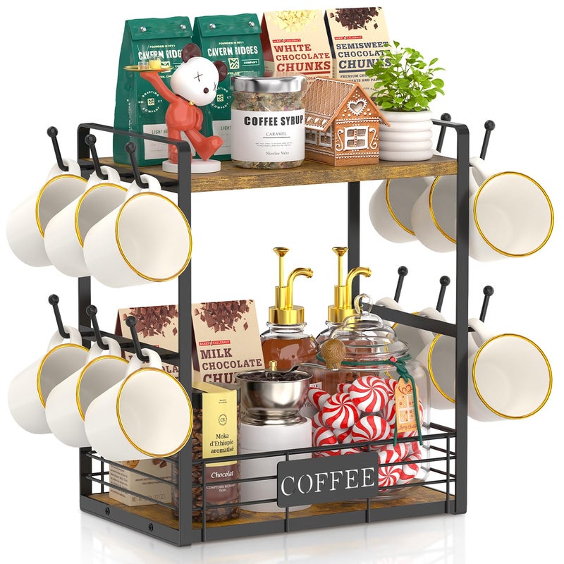 EsLuker.ly Coffee Bar Station Organizer Mug Cup Holder Stand for Countertop, Multi-Functional 2 Tier Mug Tree Rack for Kitchen, Storage Shelf with 12 Hooks, Vintage Brown-Black - Image 1