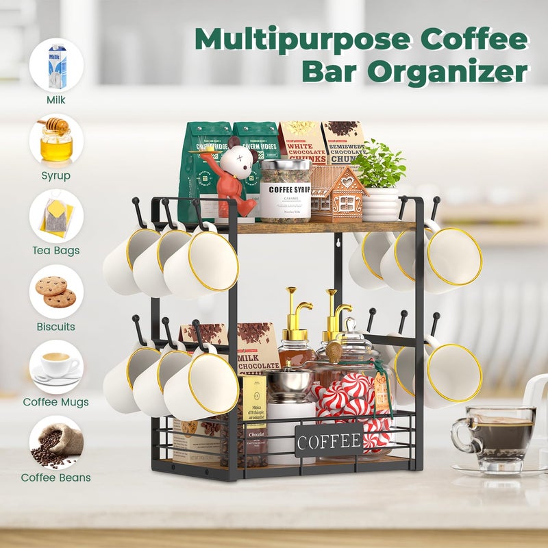 EsLuker.ly Coffee Bar Station Organizer Mug Cup Holder Stand for Countertop, Multi-Functional 2 Tier Mug Tree Rack for Kitchen, Storage Shelf with 12 Hooks, Vintage Brown-Black - Image 4
