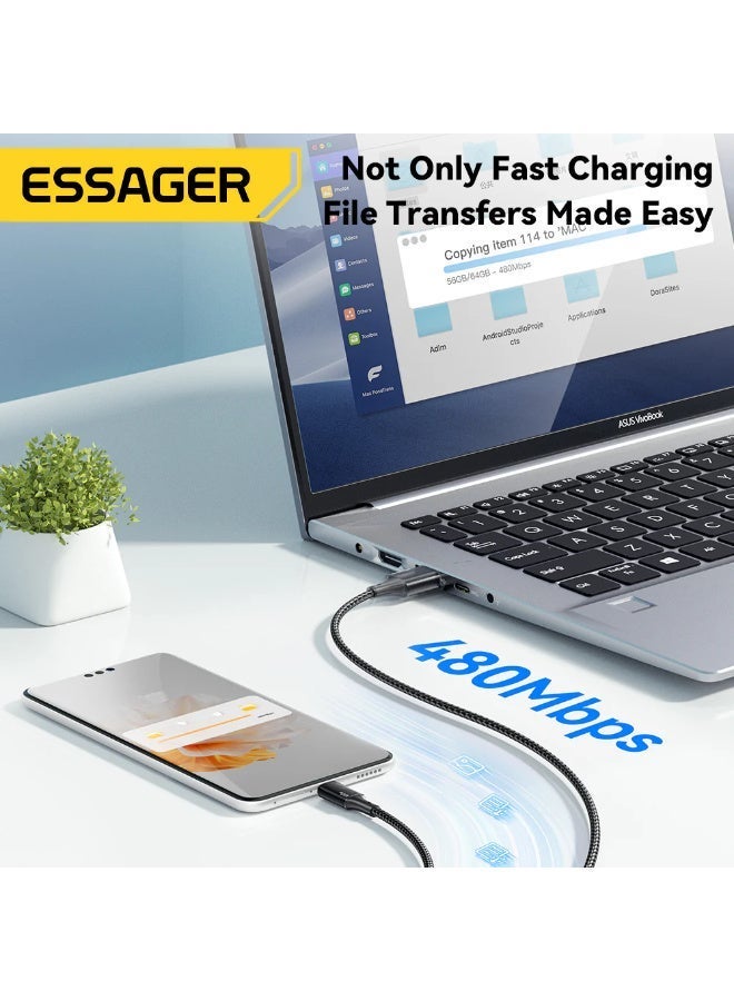 ESSAGER 3-in-1 Fast Charging Cable 100W 7A USB-A to Type-C, Lightning & Micro USB 1.2M Braided Multi Charging Cable for iPhone, Android & Devices - Image 2