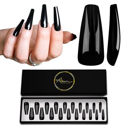 Allkem Coffin Press on Nails Extra Long Ballerina (20 Pieces) - Glossy Nail Extensions Kit - 10 Sizes Glue on Fake Nails (Black) - Image 1