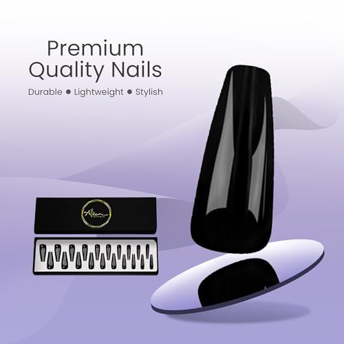 Allkem Coffin Press on Nails Extra Long Ballerina (20 Pieces) - Glossy Nail Extensions Kit - 10 Sizes Glue on Fake Nails (Black) - Image 2