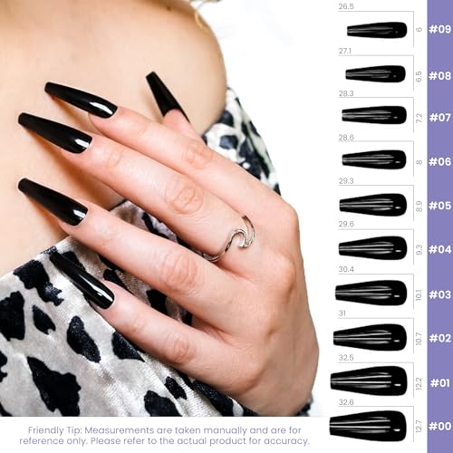 Allkem Coffin Press on Nails Extra Long Ballerina (20 Pieces) - Glossy Nail Extensions Kit - 10 Sizes Glue on Fake Nails (Black) - Image 3