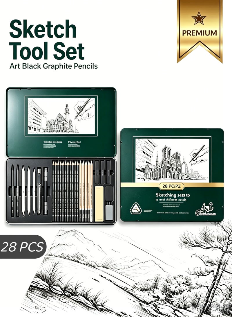 28 PCS Sketching Pencil Set,Art Supplies Kit,Professional Sketch Pencil Set,Drawing and Shading Pencil Set for Artists,Includes Carry Box:Sketch Pencil,Pencil Extender,Charcoal Pencil,Blending Stump,Eraser,Utility Knife - Art Drawing Supplies for Beginner, Kids,Adults - Image 1