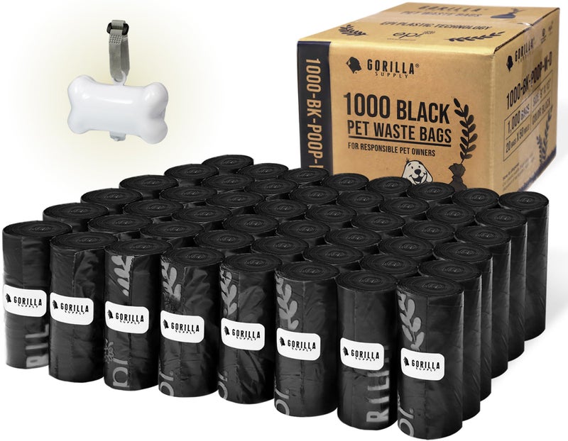 GORILLA SUPPLY Dog Poop Waste Bags with Dispenser and Leash Tie, 9" x 13", Black, 1000 Count - Image 1