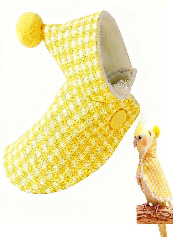 FFZDENA 1 Pcs Parrot Clothes, Yellow Checkered Cape for Small Birds, Clothes Hoodies for Parrot, L Size Lamb Wool and Polyester Blend, Parrot Winter Plush Cloak with Hat, Snap Button Style - Image 1
