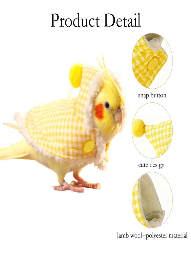 FFZDENA 1 Pcs Parrot Clothes, Yellow Checkered Cape for Small Birds, Clothes Hoodies for Parrot, L Size Lamb Wool and Polyester Blend, Parrot Winter Plush Cloak with Hat, Snap Button Style - Image 3