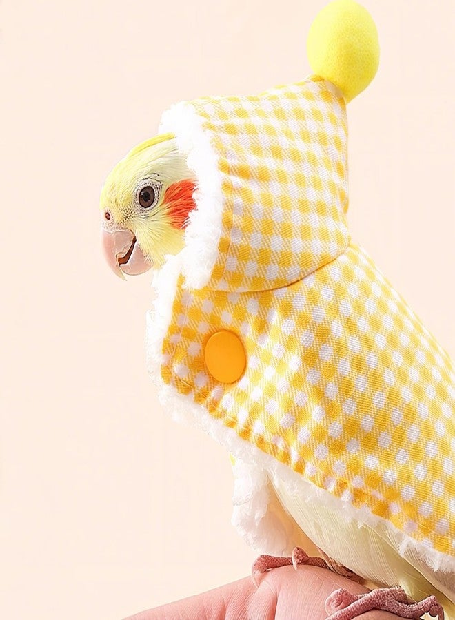 FFZDENA 1 Pcs Parrot Clothes, Yellow Checkered Cape for Small Birds, Clothes Hoodies for Parrot, L Size Lamb Wool and Polyester Blend, Parrot Winter Plush Cloak with Hat, Snap Button Style - Image 5