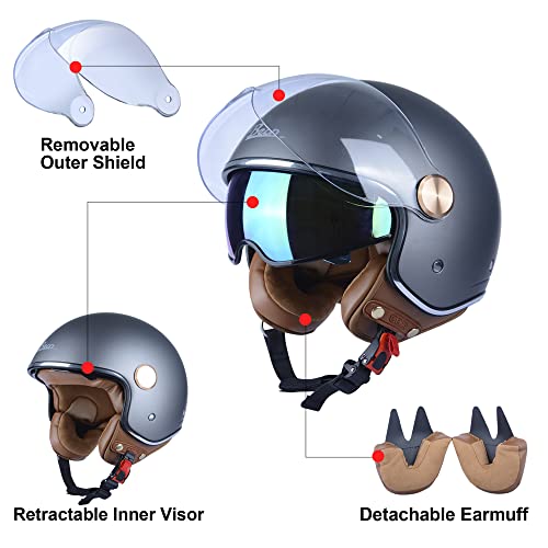 BEON Half 3/4 Face Motorcycle Helmet, DOT Approved, Retro Vintage Style, Dual Visors Men’s and Women’s Motorbike Casco for Moped Cruiser Bobber and Chopper (M, Matte Matallic Grey) - Image 5
