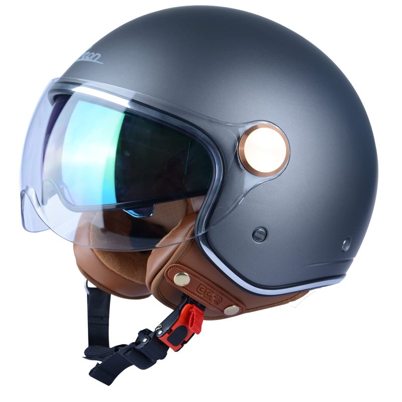 BEON Half 3/4 Face Motorcycle Helmet, DOT Approved, Retro Vintage Style, Dual Visors Men’s and Women’s Motorbike Casco for Moped Cruiser Bobber and Chopper (M, Matte Matallic Grey) - Image 2