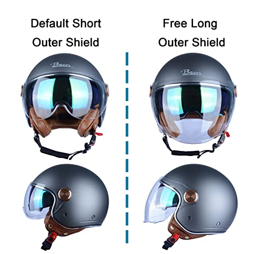 BEON Half 3/4 Face Motorcycle Helmet, DOT Approved, Retro Vintage Style, Dual Visors Men’s and Women’s Motorbike Casco for Moped Cruiser Bobber and Chopper (M, Matte Matallic Grey) - Image 4