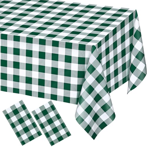 WNINK 2 Pack Green and White Checkered Rectangular Plastic Tablecloths Green Gingham Waterproof Disposable Table Covers 54 x 108 for Birthday Wedding Outdoor Picnic Camping Parties - Image 1