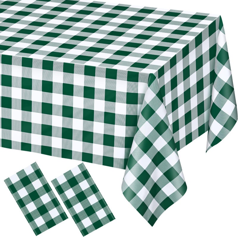 WNINK 2 Pack Green and White Checkered Rectangular Plastic Tablecloths Green Gingham Waterproof Disposable Table Covers 54 x 108 for Birthday Wedding Outdoor Picnic Camping Parties - Image 2