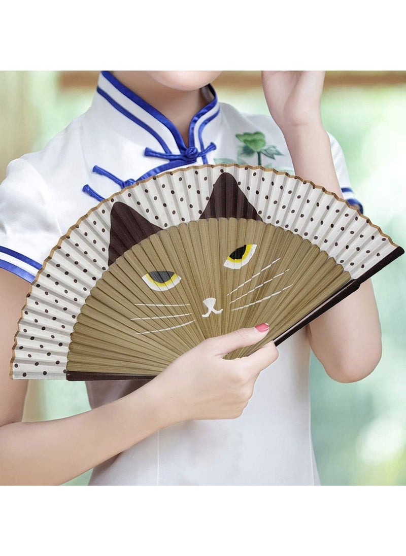 Generic Folding Fan, Handheld Fans, Cat Cartoon Kung Fu Fan Elegant Chinese Japanese Style for Women Men, Silk Folding Fans with Bamboo Frames for Dancing Cosplay Wedding Party Props Decoration( Brown)  - Image 1