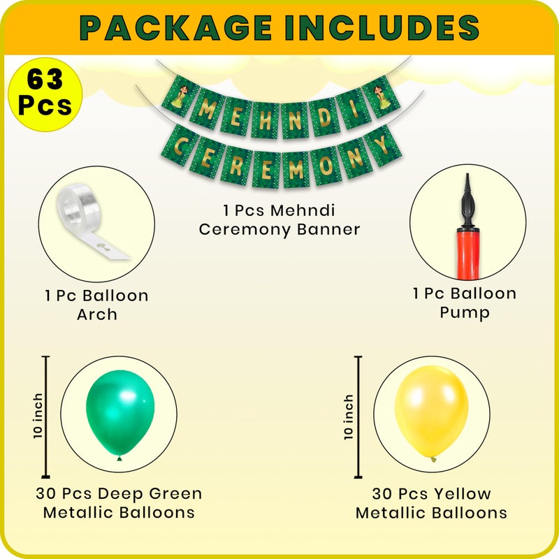 1iAM Mehndi Decoration Combo Pack of 63 - 1pc Mehndi Ceremony Banner, 60 Pieces Balloons, 1pc Balloon Pump & 1pc Balloon Arch | Pre-Wedding Decoration Items for Daughter, Sister, Friend's Marriage - Image 2