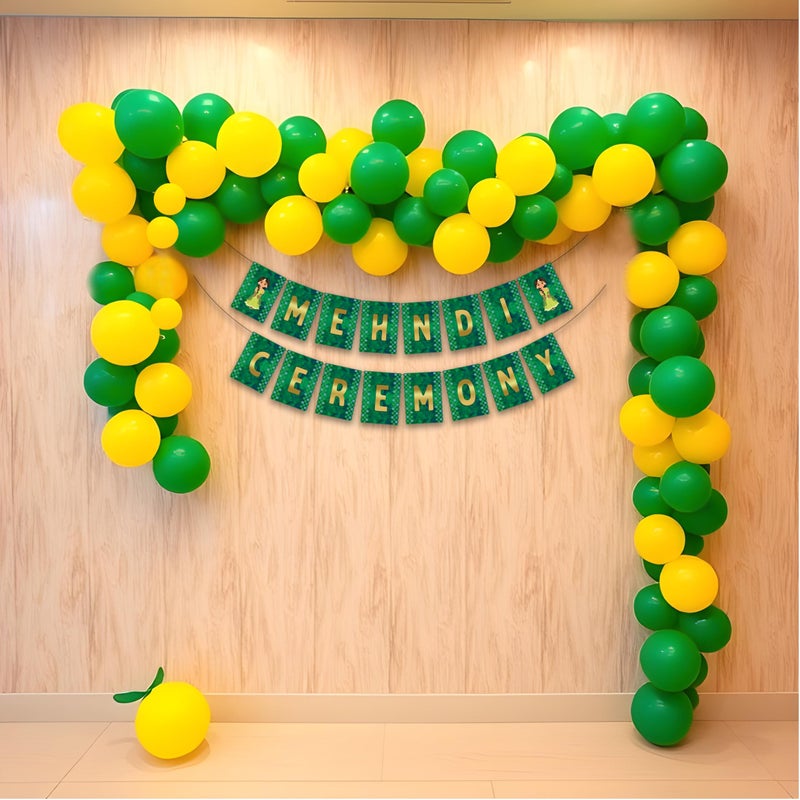 1iAM Mehndi Decoration Combo Pack of 63 - 1pc Mehndi Ceremony Banner, 60 Pieces Balloons, 1pc Balloon Pump & 1pc Balloon Arch | Pre-Wedding Decoration Items for Daughter, Sister, Friend's Marriage - Image 1