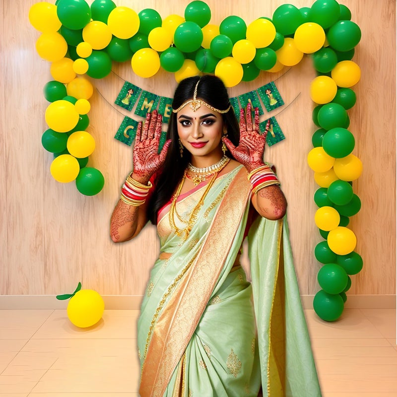 1iAM Mehndi Decoration Combo Pack of 63 - 1pc Mehndi Ceremony Banner, 60 Pieces Balloons, 1pc Balloon Pump & 1pc Balloon Arch | Pre-Wedding Decoration Items for Daughter, Sister, Friend's Marriage - Image 3