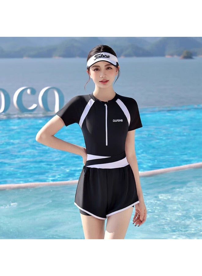 F.dyraa Women's One-piece Quick-drying Swimsuit Covering Meat Slimming Breathable Plus Size Swimsuit Hot Spring Swimming Two-piece Set 15045 Black XL - Image 2