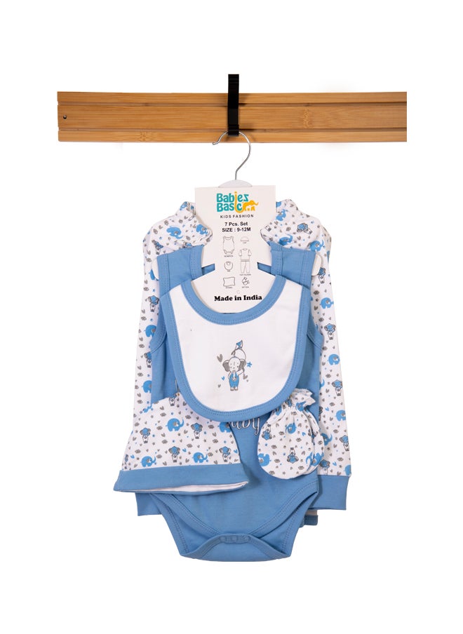 Babies Basic - 7 Piece Unisex 100% Cotton Gift Set Include Bib, Blanket, Mitten, Cap, Romper, Top And Bottom Set, Blue - Image 1