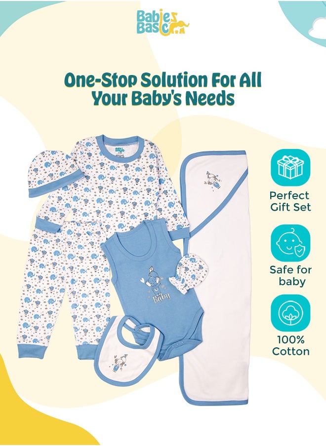 Babies Basic - 7 Piece Unisex 100% Cotton Gift Set Include Bib, Blanket, Mitten, Cap, Romper, Top And Bottom Set, Blue - Image 1