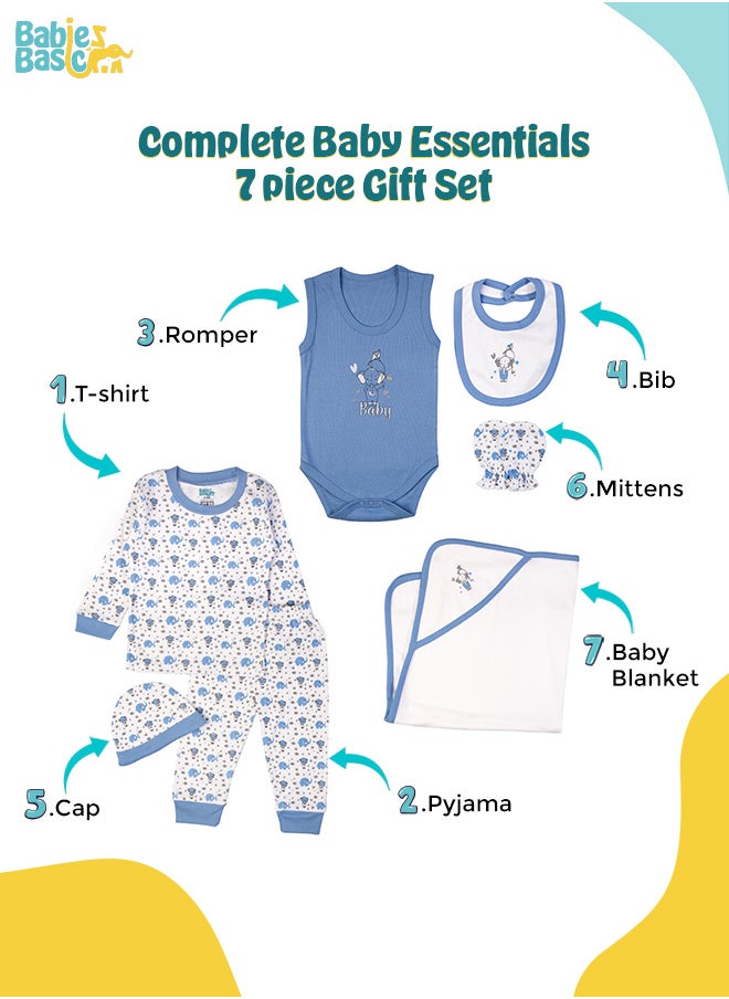 Babies Basic - 7 Piece Unisex 100% Cotton Gift Set Include Bib, Blanket, Mitten, Cap, Romper, Top And Bottom Set, Blue - Image 1