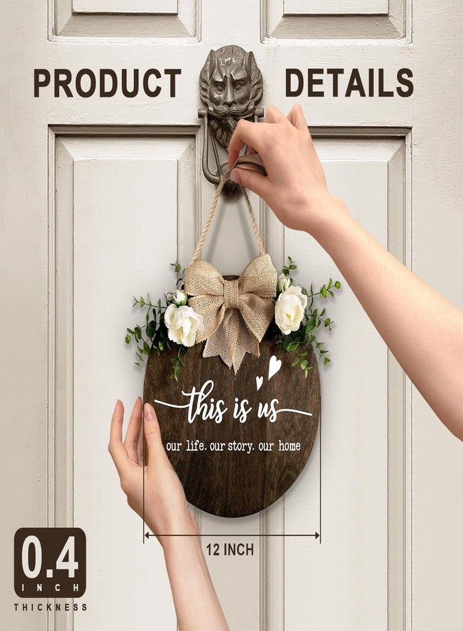 DOFAFALA This is Us" Welcome Sign, Farmhouse Round Wood Hanging Door Decor with Ribbon Bow and Artificial Greenery, Rustic Front Porch Wreath for Thanksgiving, Christmas, Brown Home Entry Decor - Image 3