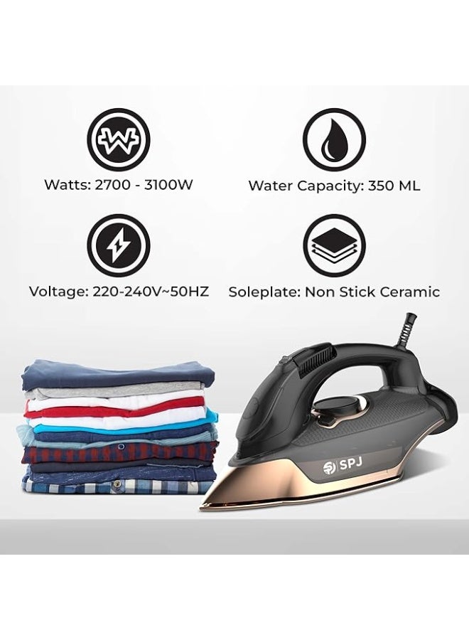 SPJ Steam Iron 3100W with 350ml Water Tank, Nano Soleplate, Dry/Steam/Spray/Burst & Vertical Steam, Self-Clean, Anti-Drip, Auto Shut-Off, Black – SIX-BLCS08-1 Year Warranty - Image 3