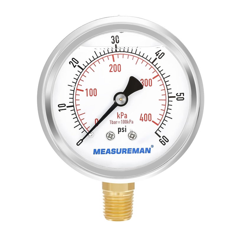 MEASUREMAN مقياس ضغط مملوء بالسائل من ميزورمان، حجم القرص 2-1/2 بوصة، نطاق 0-60 رطل لكل بوصة مربعة/كيلو باسكال، غلاف من الفولاذ المقاوم للصدأ 304، تركيب سفلي 1/4 إنش إن بي تي - Image 1