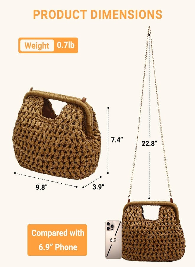 Herald Straw Woven Clutch Purse for Women, Beach Cloud Dumpling Pouch Evening Shoulder Crossbody Bag with Gold Chain, Brown - Image 5