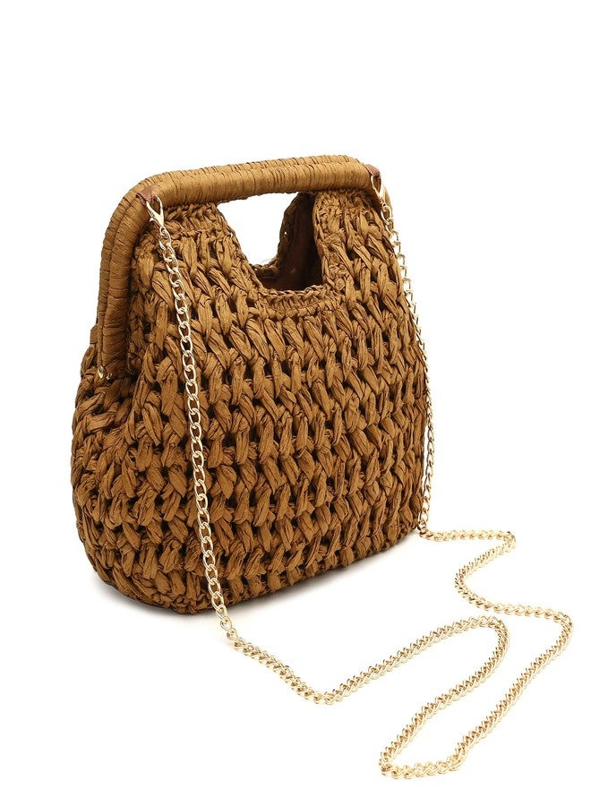 Herald Straw Woven Clutch Purse for Women, Beach Cloud Dumpling Pouch Evening Shoulder Crossbody Bag with Gold Chain, Brown - Image 1