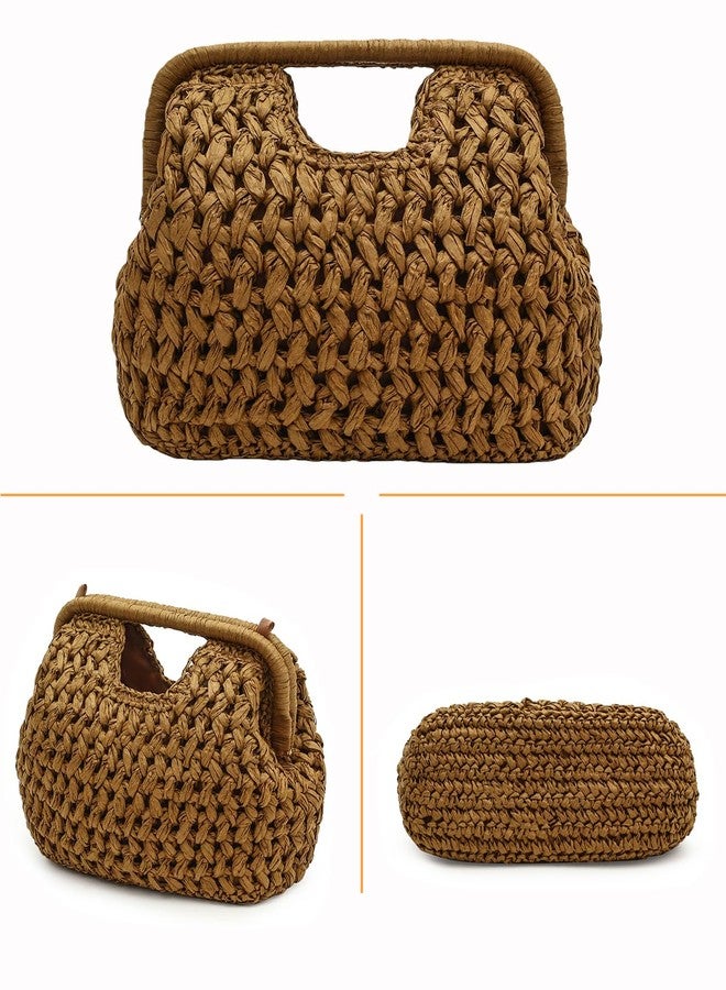 Herald Straw Woven Clutch Purse for Women, Beach Cloud Dumpling Pouch Evening Shoulder Crossbody Bag with Gold Chain, Brown - Image 4