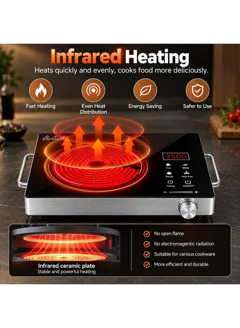 XVersion 3500W Single Infrared Cooker Electric Stove Induction Cooker Hot Plate Ceramic Electric Stove Induction Cooker Hot Plate with Adjustable Temp,Stay Cool Handle for Office/Home/Camping Use, with 1 Year Warranty Single Plate - Image 2