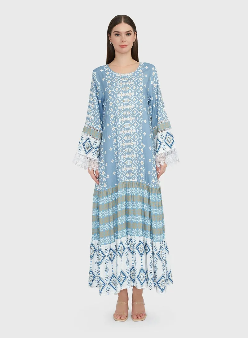 KASHKHA Dusty Blue Geometric Print Rayon Tiered Jalabiya (VW105)