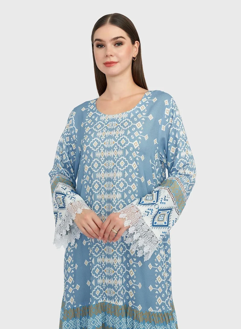 KASHKHA Dusty Blue Geometric Print Rayon Tiered Jalabiya (VW105)