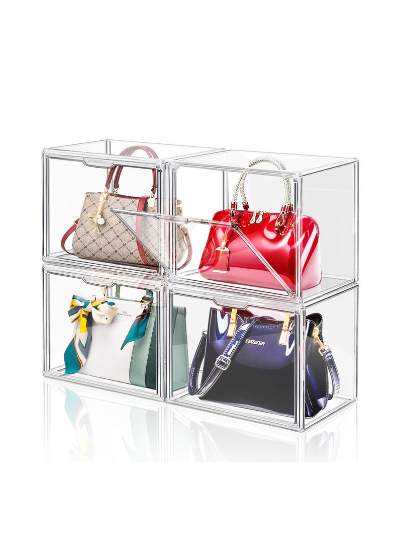 4 Piece Closet Clear Plastic Handbag Organizer,Acrylic Purse and Handbag Display Box,Stackable Organizer,Handbag Organizer with Magnetic Door for Clutches,Purses,Books and Toys - Image 1
